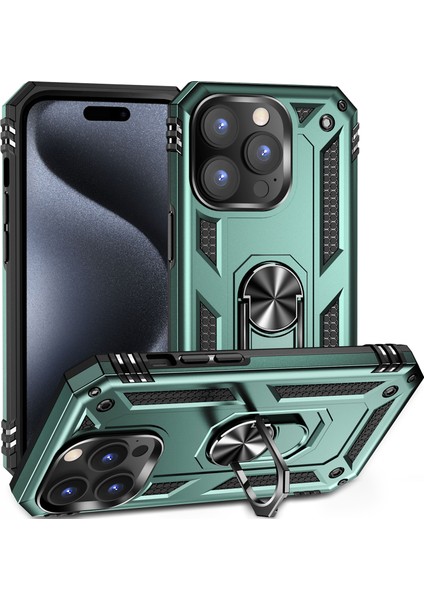 iPhone 15 Pro Için Halka Tutuculu Çift Katmanlı Telefon Kılıfı - Yeşil (Yurt Dışından)