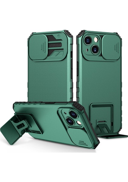 iPhone 15 Kayar Kamera Kapaklı Sağlam Standı Telefon Kılıfı - Yeşil (Yurt Dışından)