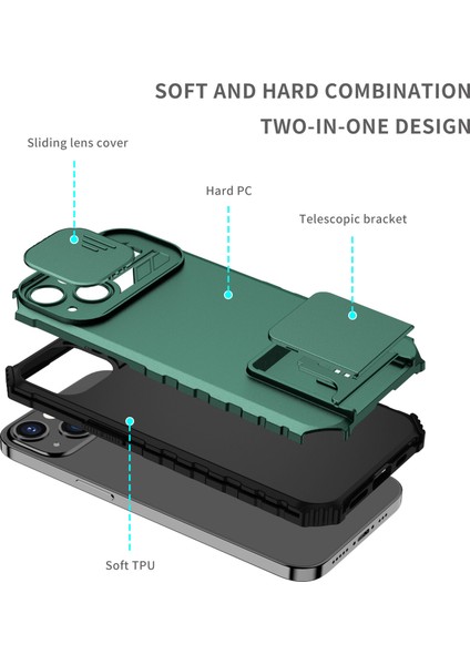 iPhone 15 Kayar Kamera Kapaklı Sağlam Standı Telefon Kılıfı - Yeşil (Yurt Dışından) fiyatları