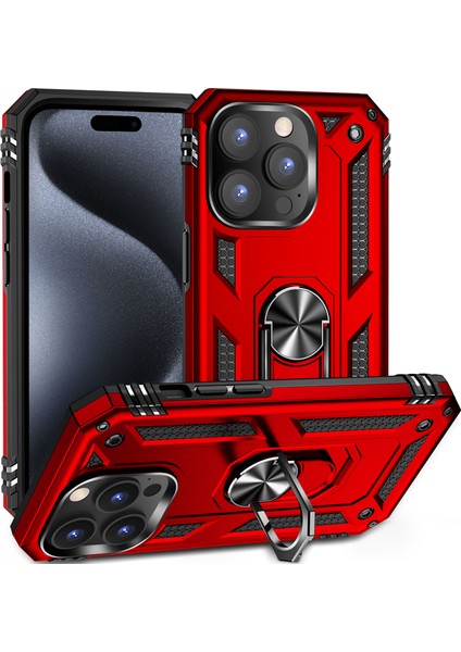 iPhone 15 Pro Için Halka Tutuculu Çift Katmanlı Telefon Kılıfı - Kırmızı (Yurt Dışından)