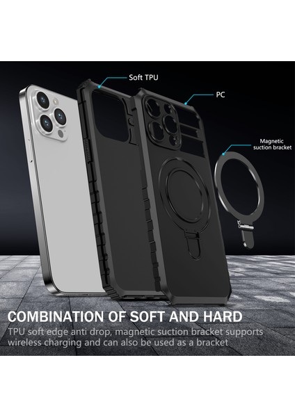 iPhone 15 Pro Max Için Magsafe Manyetik Halka Standlı Ağır Hizmet Telefon Kılıfı - Siyah (Yurt Dışından) indirimleri