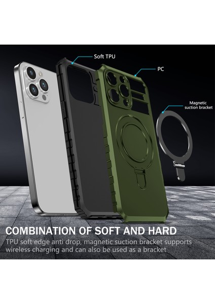 iPhone 15 Pro Max Için Magsafe Manyetik Halka Standlı Ağır Hizmet Telefon Kılıfı - Yeşil (Yurt Dışından) indirimleri