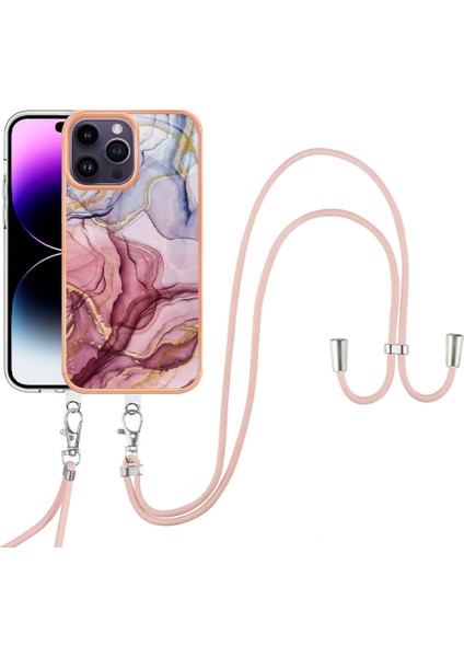 iPhone 15 Pro Için Desen Hibrit Çapraz Askı Kordon Telefon Kılıfı - Rose (Yurt Dışından)