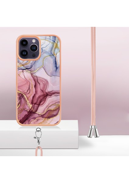 iPhone 15 Pro Için Desen Hibrit Çapraz Askı Kordon Telefon Kılıfı - Rose (Yurt Dışından)