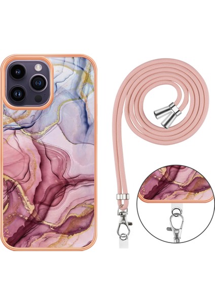 iPhone 15 Pro Için Desen Hibrit Çapraz Askı Kordon Telefon Kılıfı - Rose (Yurt Dışından)