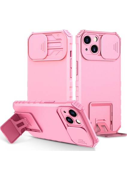 iPhone 15 Kayar Kamera Kapaklı Sağlam Standı Telefon Kılıfı - Pembe (Yurt Dışından)