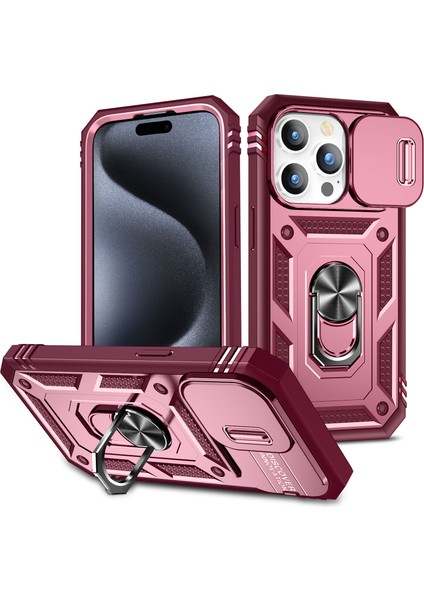 iPhone 15 Pro Için Kayar Lens Koruyucu Halka Standlı Telefon Kılıfı - Pembe - Kırmızı (Yurt Dışından)