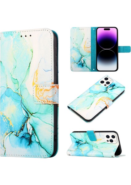 iPhone 15 Pro Max Için Mermer Desenli Pu Deri Cüzdan Telefon Kılıfı - Yeşil (Yurt Dışından)