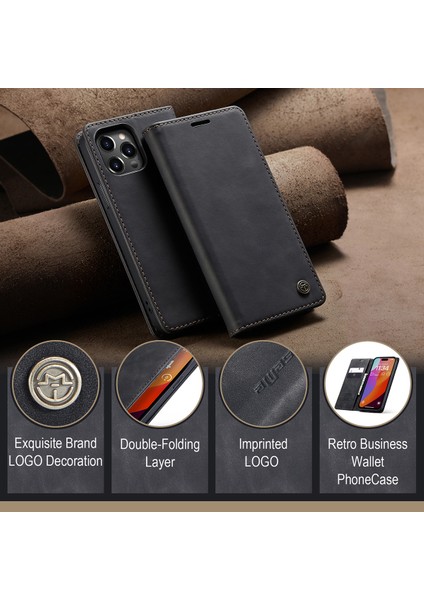 iPhone 15 Pro Için Retro Pu Deri Cüzdan Flip Standlı Telefon Kılıfı - Siyah (Yurt Dışından)