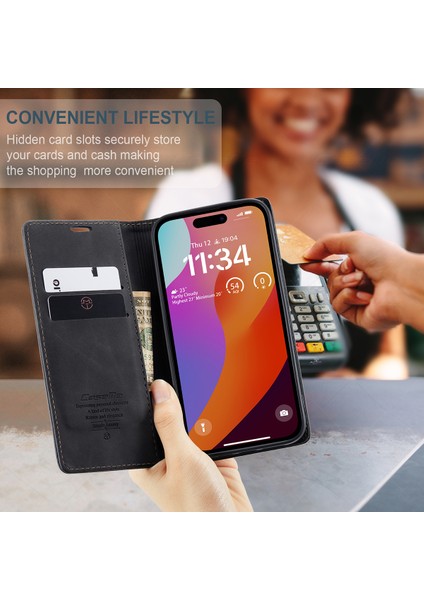 iPhone 15 Pro Için Retro Pu Deri Cüzdan Flip Standlı Telefon Kılıfı - Siyah (Yurt Dışından) modelleri