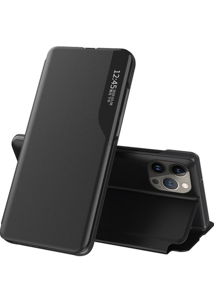 iPhone 15 Pro Max Için Akıllı Görünüm Flip Stand Pu Deri Telefon Kılıfı - Siyah (Yurt Dışından)