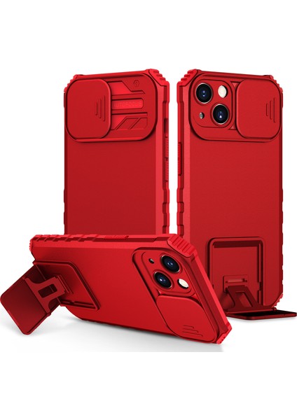 iPhone 15 Kayar Kamera Kapaklı Sağlam Standı Telefon Kılıfı - Kırmızı (Yurt Dışından)