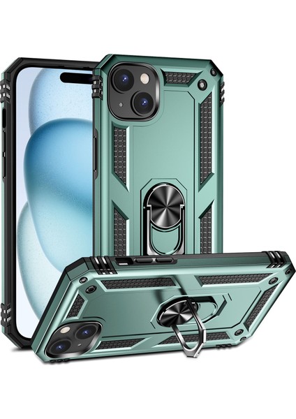 iPhone 15 Plus Için Halka Tutuculu Çift Katmanlı Telefon Kılıfı - Yeşil (Yurt Dışından)