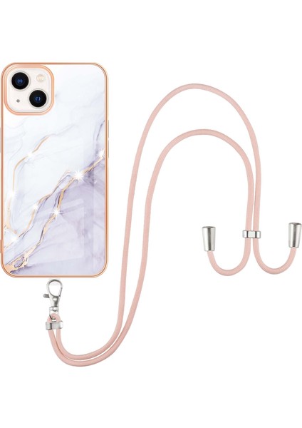 iPhone 15 Plus Için Crossbody Askı Ipi Mermer Desenli Telefon Kılıfı - Beyaz (Yurt Dışından)