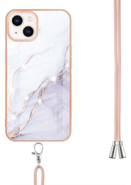iPhone 15 Plus Için Crossbody Askı Ipi Mermer Desenli Telefon Kılıfı - Beyaz (Yurt Dışından) fırsatları
