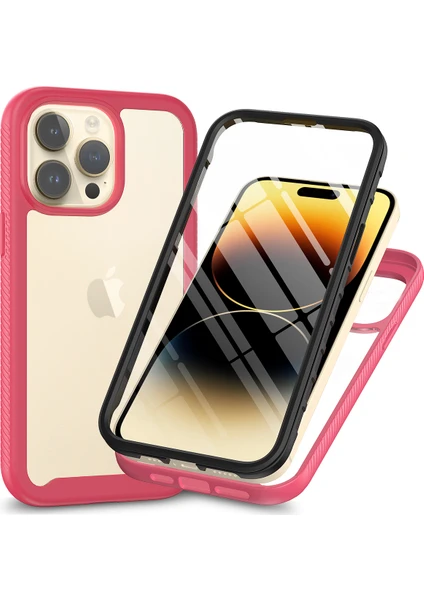 iPhone 15 Pro Max Için Yerleşik Ekran 360 Tam Koruma Telefon Kılıfı - Pembe (Yurt Dışından)