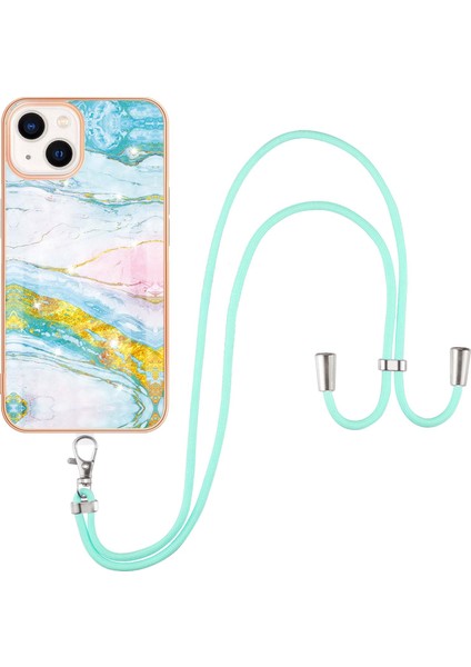 iPhone 15 Plus Için Crossbody Askı Ipi Mermer Desenli Telefon Kılıfı - Altın (Yurt Dışından)