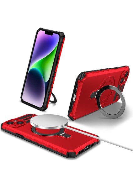 iPhone 15 Için Magsafe Manyetik Halka Standlı Ağır Hizmet Telefon Kılıfı - Kırmızı (Yurt Dışından)
