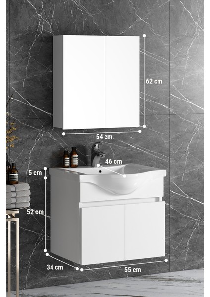 Yıldız 55 cm Beyaz Mdf Seramik Lavabolu Asma Banyo Dolabı Takımı