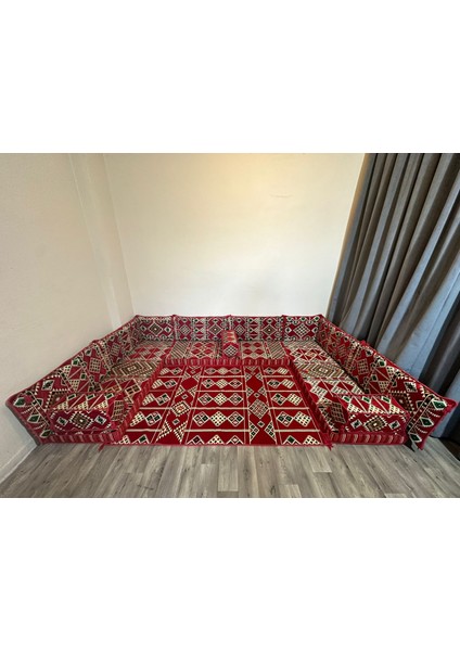 Şark Köşesi Minderi Otantik Kilim Desenli Oda Takımı Kırmızı