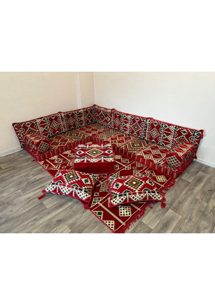 Şark Köşesi Minderi Otantik Desenli Kilim, Orta Puf Takımı Konsept Kırmızı 13 Parça