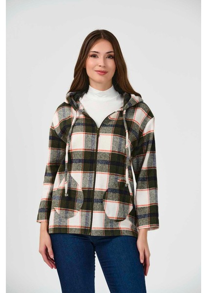 Tolga Saraçoğlu Oversize Kapüşonlu Kareli Kadın Ceket - 3/4 Kol
