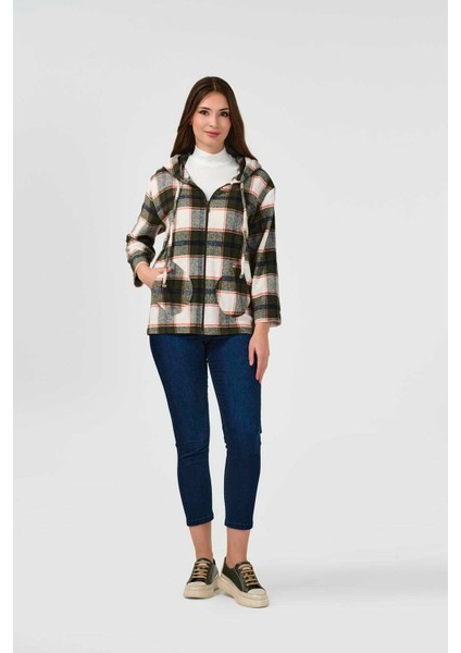 Tolga Saraçoğlu Oversize Kapüşonlu Kareli Kadın Ceket - 3/4 Kol fiyatları