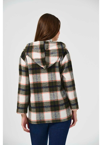 Tolga Saraçoğlu Oversize Kapüşonlu Kareli Kadın Ceket - 3/4 Kol indirimleri