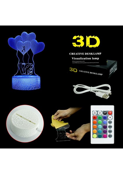 Kalp 3D LED Illusion Lamba Aşk Gecesi;ht Işık;ht Masa Lambası Uzaktan ve Dokunmatik Kontrol 16 Renk (Yurt Dışından)