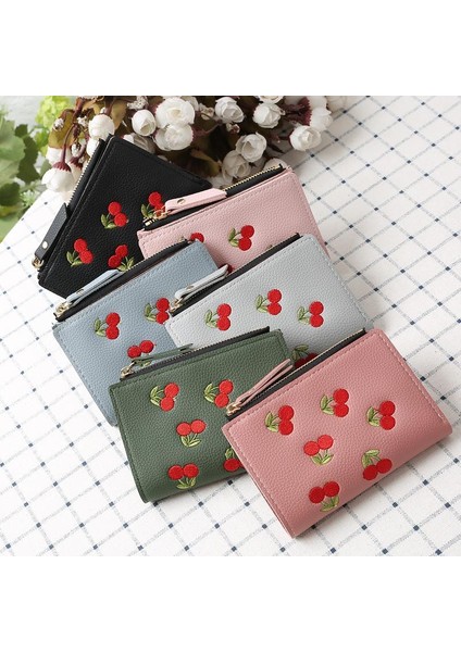 Kısa Cüzdan Moda Kadın Kızlar Küçük Pu Deri Kiraz Nakış Bozuk Para Cüzdanı Kart Sahipleri Bayan Kız Mini Para Çantası (Yurt Dışından) modelleri