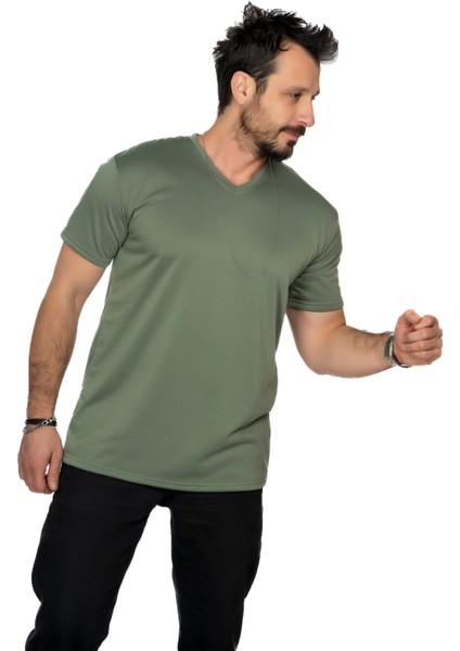 Aşırı Terleme Önleyici Haki V Yaka Erkek T-Shirt, Ter Sızdırmaz, Çift Katmanlı