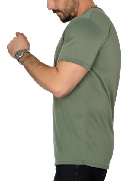 Aşırı Terleme Önleyici Haki V Yaka Erkek T-Shirt, Ter Sızdırmaz, Çift Katmanlı modelleri