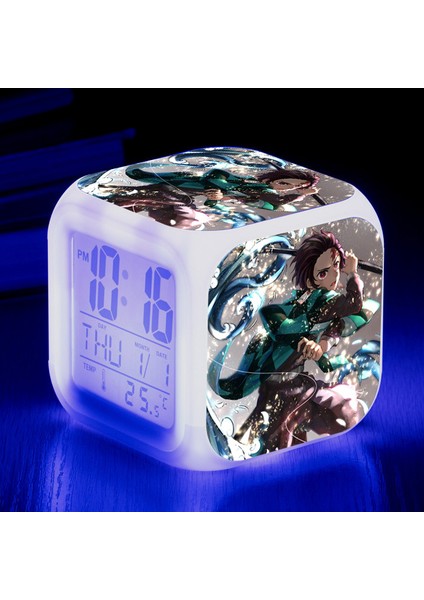 Wekity Anime Ghost Slayer Renkli Çalar Saat LED Kare Saat Zaman, Sıcaklık, Alarm, Tarih ile Dijital Çalar Saat (Yurt Dışından)