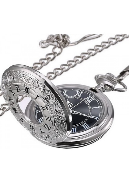 Siyah Kadranlı ve Zincirli Erkekler Için Kuvars Cep Saati, Gümüş (Yurt Dışından)