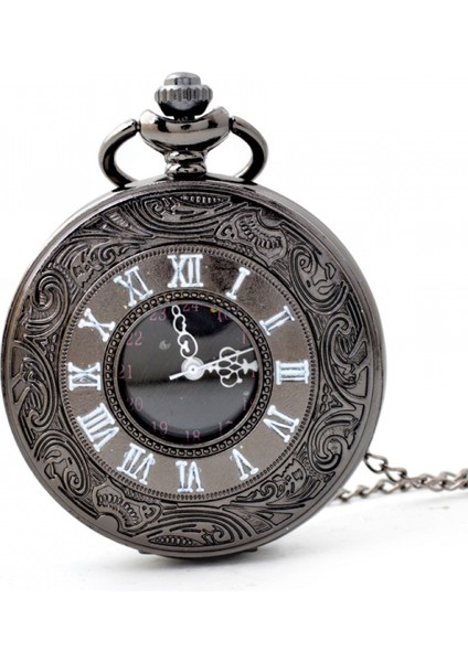 Vintage Romen Rakamları Ölçekli Kuvars Cep Saati, Zincirli, Siyah (Yurt Dışından)