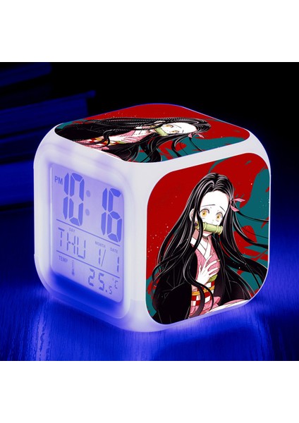 Wekity Anime Ghost Slayer Renkli Çalar Saat LED Kare Saat Zaman, Sıcaklık, Alarm, Tarih ile Dijital Çalar Saat (Yurt Dışından)