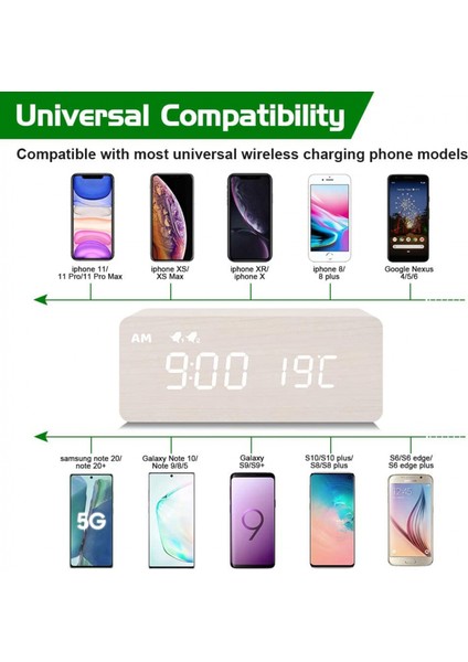 Kablosuz Şarjlı Dijital Ahşap Çalar Saat, %0-100 Dimmer, Çift Alarm, Hafta Içi/hafta Sonu Modu, Erteleme, Yatak Odası, Başucu, Masa, Çocuklar Için Ahşap LED Saatler (Beyaz) (Yurt Dışından) modelleri