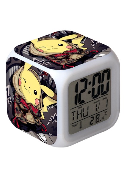 Wekity Pikachu Renkli Çalar Saat LED Kare Saat Zaman, Sıcaklık, Alarm, Tarih ile Dijital Çalar Saat (Yurt Dışından)