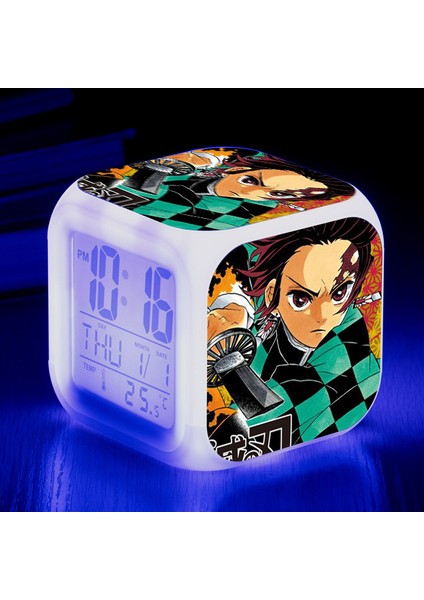 Wekity Anime Ghost Slayer Renkli Çalar Saat LED Kare Saat Zaman, Sıcaklık, Alarm, Tarih ile Dijital Çalar Saat (Yurt Dışından)
