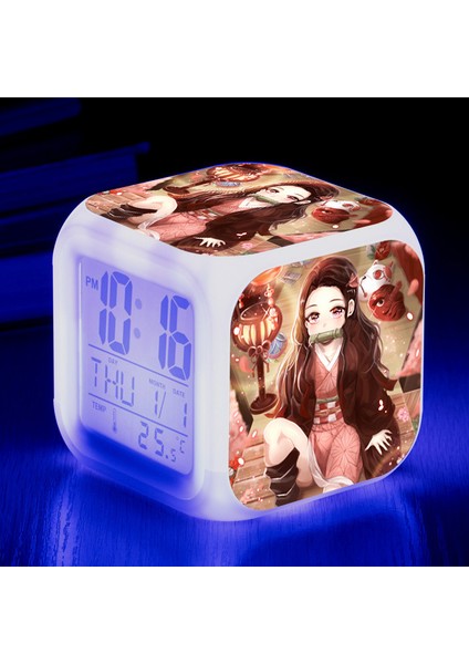 Wekity Anime Ghost Slayer Renkli Çalar Saat LED Kare Saat Zaman, Sıcaklık, Alarm, Tarih ile Dijital Çalar Saat (Yurt Dışından)