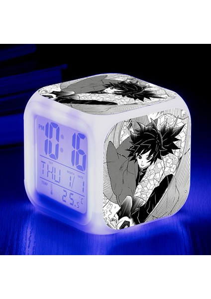 Wekity Anime Ghost Slayer Renkli Çalar Saat LED Kare Saat Zaman, Sıcaklık, Alarm, Tarih ile Dijital Çalar Saat (Yurt Dışından)