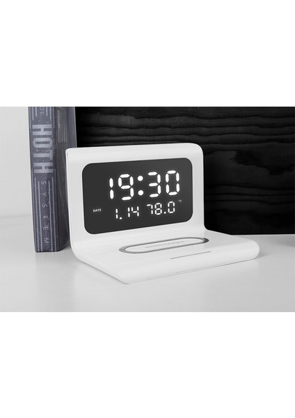 Yaratıcı Dijital Çalar Saat, Saat Kablosuz Hızlı Şarj, Çok Fonksiyonlu Üçü Bir Arada Cep Telefonu Kablosuz Şarjlı Çalar Saat Beyaz (Yurt Dışından)