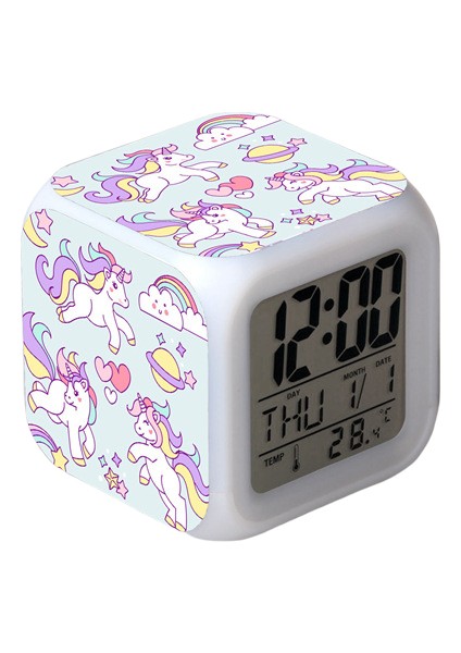 Wekity Unicorn Renkli Çalar Saat LED Kare Saat Zaman, Sıcaklık, Alarm, Tarih ile Dijital Çalar Saat (Yurt Dışından)