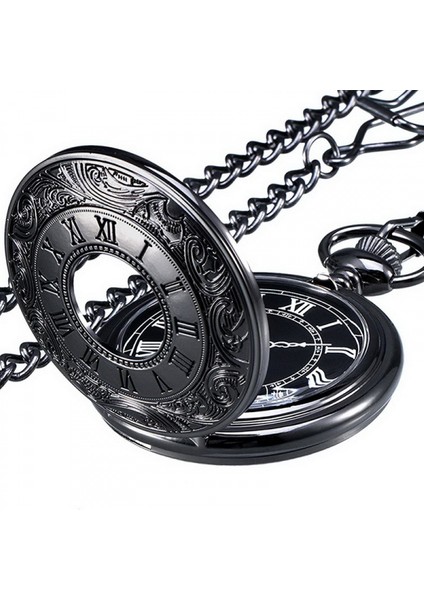 Siyah Kadranlı ve Zincirli Erkekler Için Kuvars Cep Saati, Siyah (Yurt Dışından)