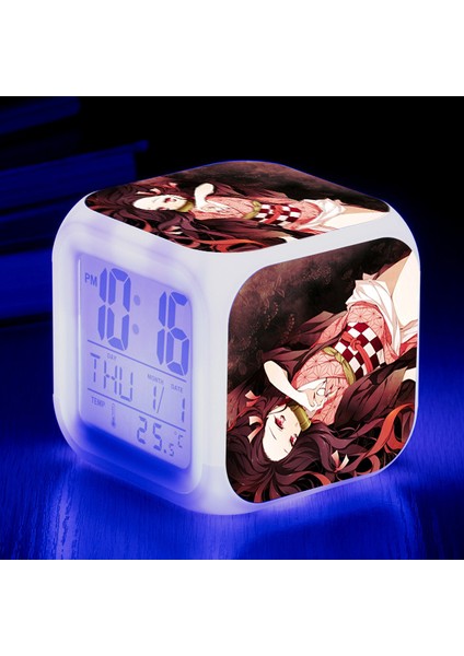 Wekity Anime Ghost Slayer Renkli Çalar Saat LED Kare Saat Zaman, Sıcaklık, Alarm, Tarih ile Dijital Çalar Saat (Yurt Dışından)