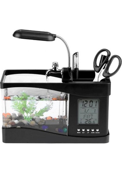Saat Işlevli Mini Akvaryum, USB Şarjlı LED Işıklar, Ev Eşyaları, Kalem Tutuculu Akvaryum, Çok Işlevli Ev Ofis Işi (Yurt Dışından)