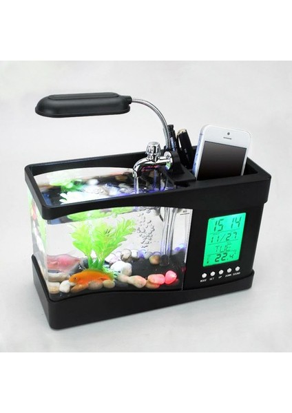 Saat Işlevli Mini Akvaryum, USB Şarjlı LED Işıklar, Ev Eşyaları, Kalem Tutuculu Akvaryum, Çok Işlevli Ev Ofis Işi (Yurt Dışından) modelleri