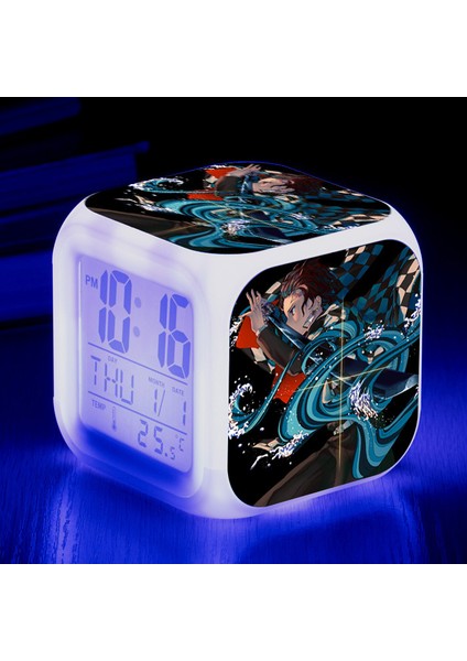 Wekity Anime Ghost Slayer Renkli Çalar Saat LED Kare Saat Zaman, Sıcaklık, Alarm, Tarih ile Dijital Çalar Saat (Yurt Dışından)
