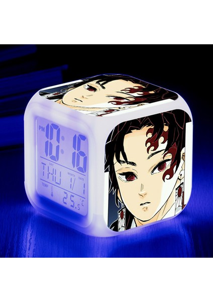 Wekity Anime Ghost Slayer Renkli Çalar Saat LED Kare Saat Zaman, Sıcaklık, Alarm, Tarih ile Dijital Çalar Saat (Yurt Dışından)