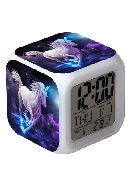 Wekity Unicorn Renkli Çalar Saat LED Kare Saat Zaman, Sıcaklık, Alarm, Tarih ile Dijital Çalar Saat (Yurt Dışından)